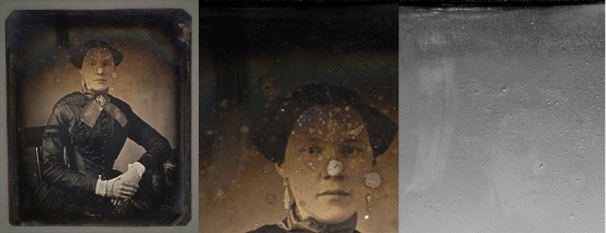 A daguerreotype by Jacob Byerly (1807-1883), left full image made with the White Light Microdome, middle a detail with raking light, right same detail with shaded filter showing physical degradation. Click on the image to enlarge;  collection Getty Museum
